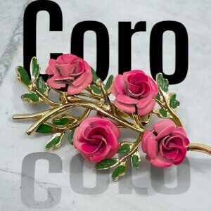 Vintage Enamel Cabbage Rose Bunch Brooch Brooch Flower Floral Signed Gold-Tone